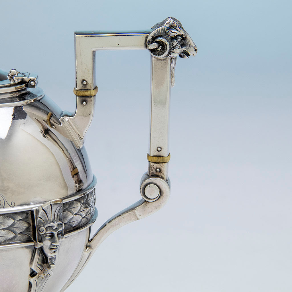 Handle of John Wendt &#39;Medallion&#39; Antique Sterling Silver Tea Pot, NYC, NY, c. 1865