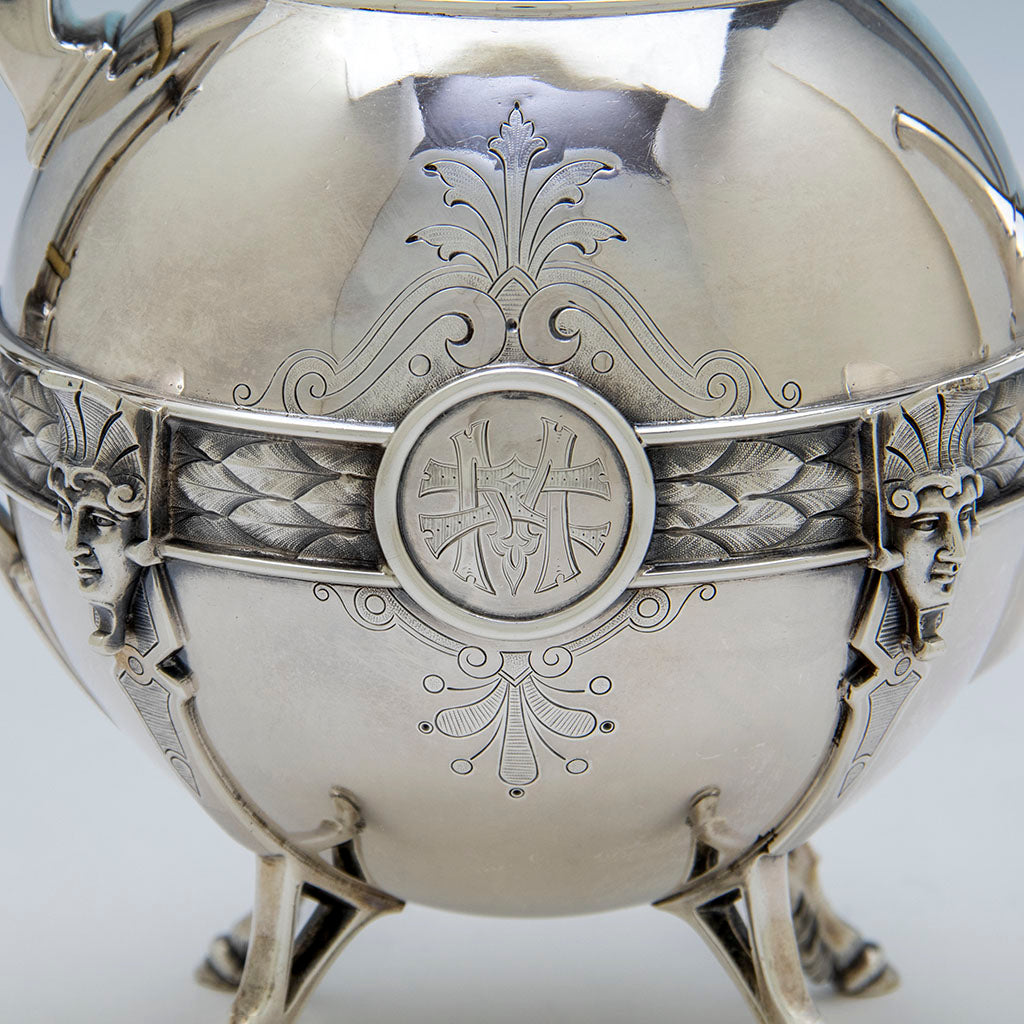 Monogram on John Wendt &#39;Medallion&#39; Antique Sterling Silver Tea Pot, NYC, NY, c. 1865