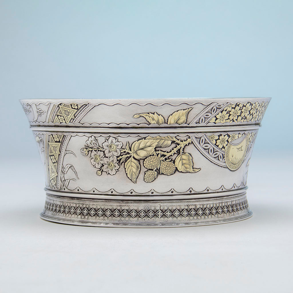 Berries and flowers on Whiting Aesthetic Design Antique Sterling Silver Salad/ Centerpiece Bowl, NYC, NY, c. 1880s