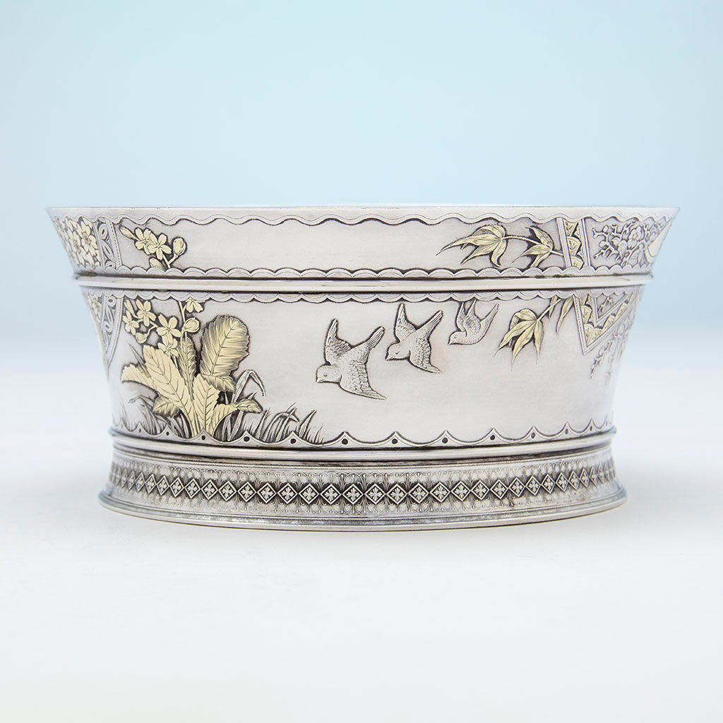 Birds on Whiting Aesthetic Design Antique Sterling Silver Salad/ Centerpiece Bowl, NYC, NY, c. 1880s