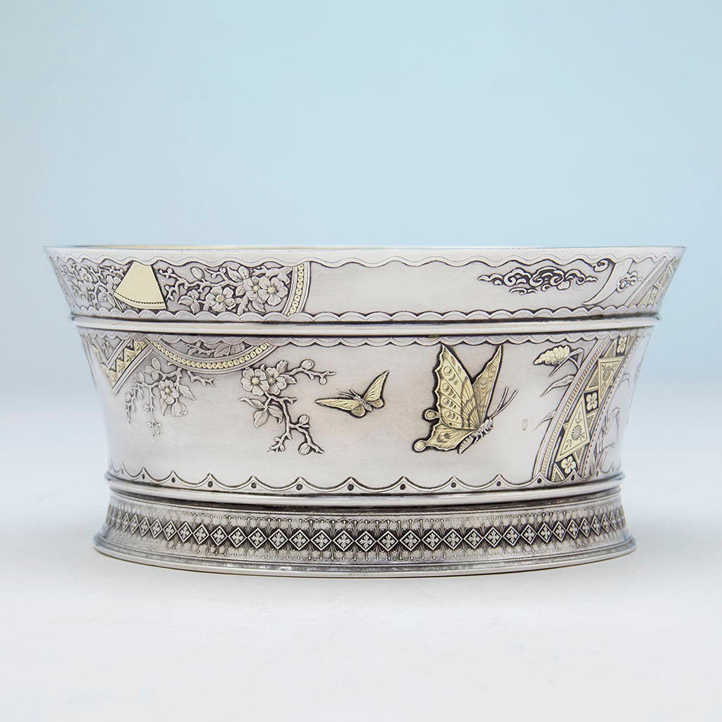 Butterflies on Whiting Aesthetic Design Antique Sterling Silver Salad/ Centerpiece Bowl, NYC, NY, c. 1880s