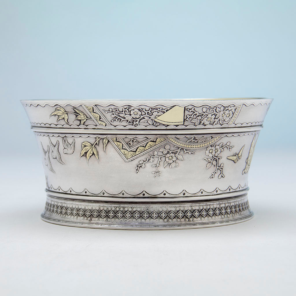 Prunus plant on Whiting Aesthetic Design Antique Sterling Silver Salad/ Centerpiece Bowl, NYC, NY, c. 1880s
