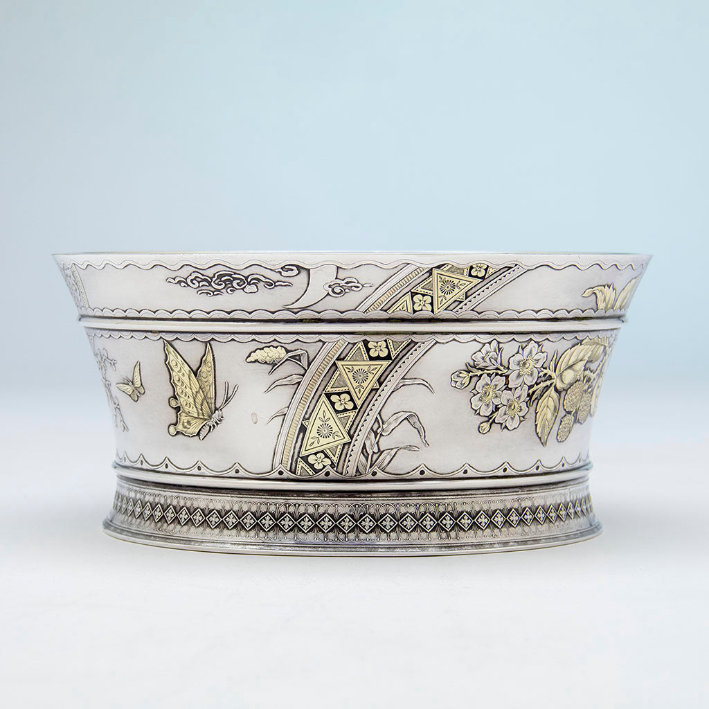 Moon and clouds on Whiting Aesthetic Design Antique Sterling Silver Salad/ Centerpiece Bowl, NYC, NY, c. 1880s