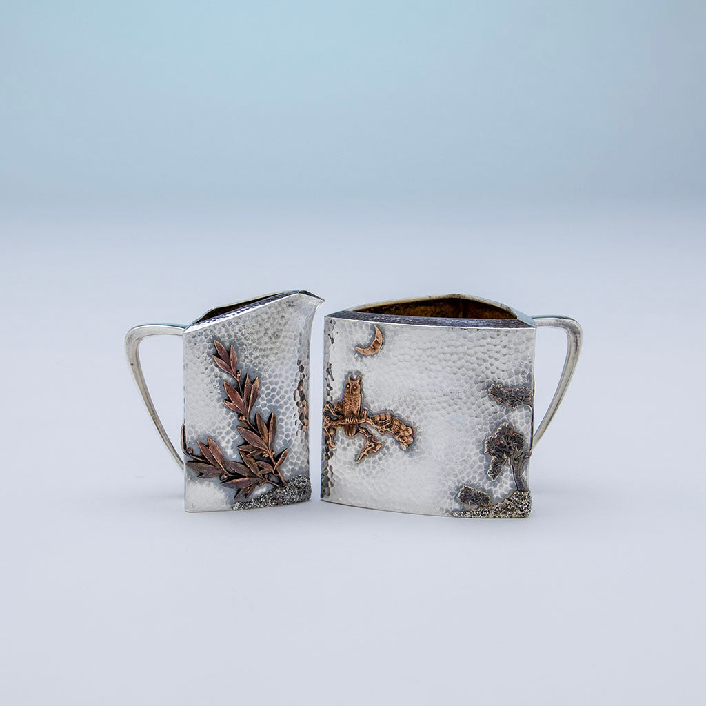 Owl and foliage on creamer and sugar to Gorham Antique Sterling &amp; Other Metals Tête-à-Tête Tea Set, Providence, RI, 1880