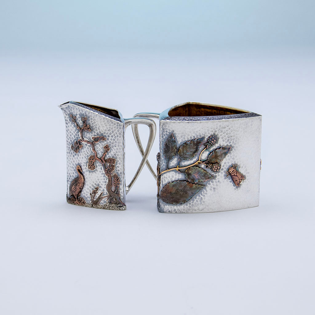 Detail of creamer &amp; sugar to Gorham Antique Sterling &amp; Other Metals Tête-à-Tête Tea Set, Providence, RI, 1880