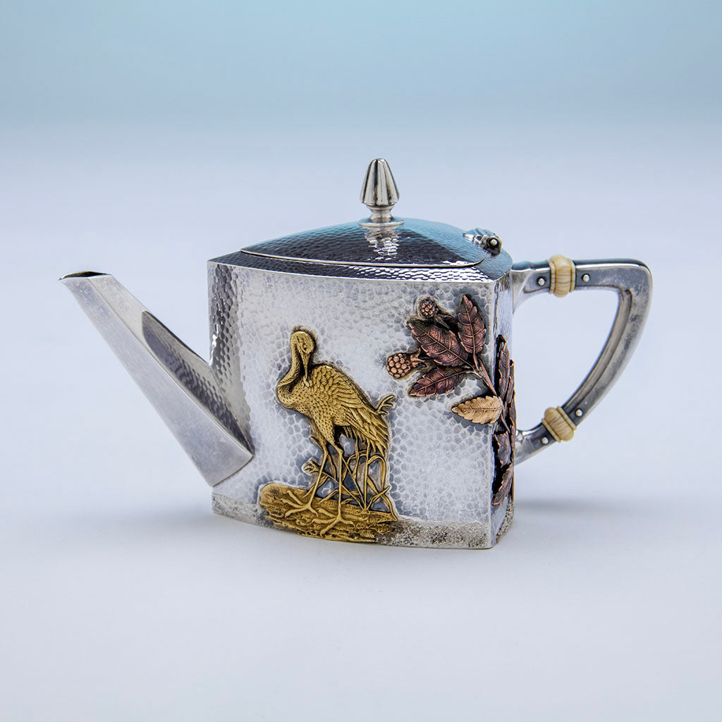 Large bird on Gorham Antique Sterling &amp; Other Metals Tête-à-Tête Tea Set, Providence, RI, 1880