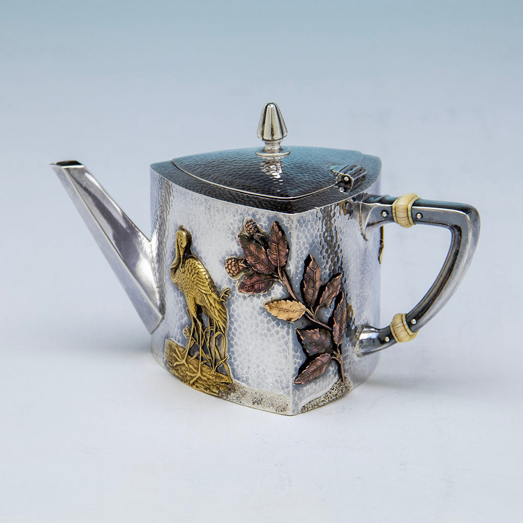 Pot corner of Gorham Antique Sterling &amp; Other Metals Tête-à-Tête Tea Set, Providence, RI, 1880