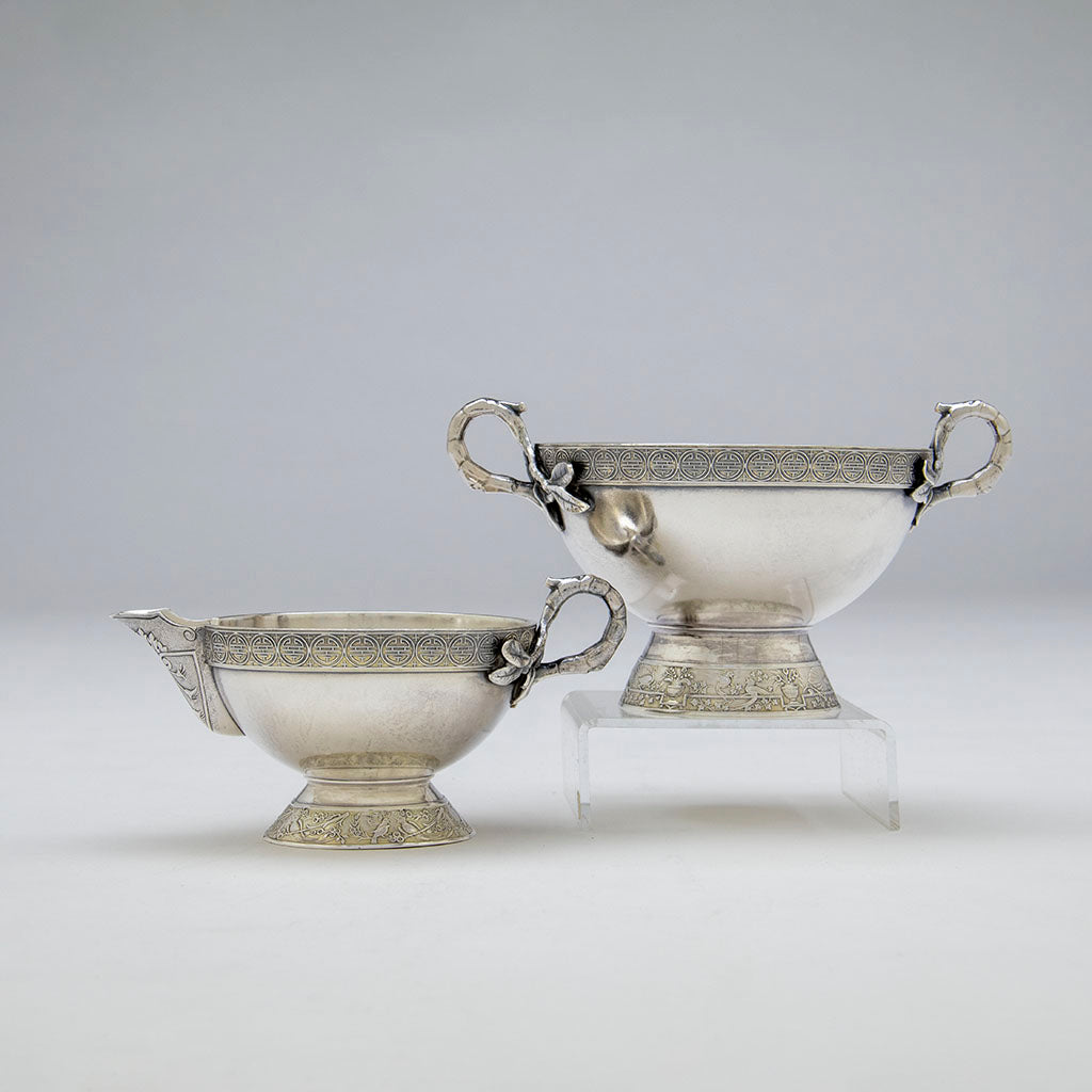 Gorham Antique Sterling Silver Japonesque Dessert Creamer and Sugar, Providence, RI, 1873