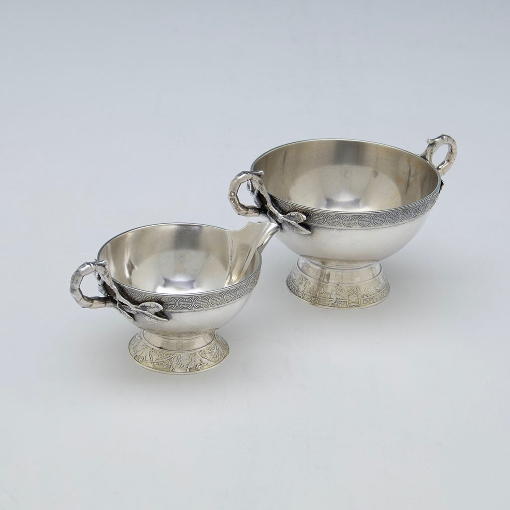 Interiors of Gorham Antique Sterling Silver Japonesque Dessert Creamer and Sugar, Providence, RI, 1873