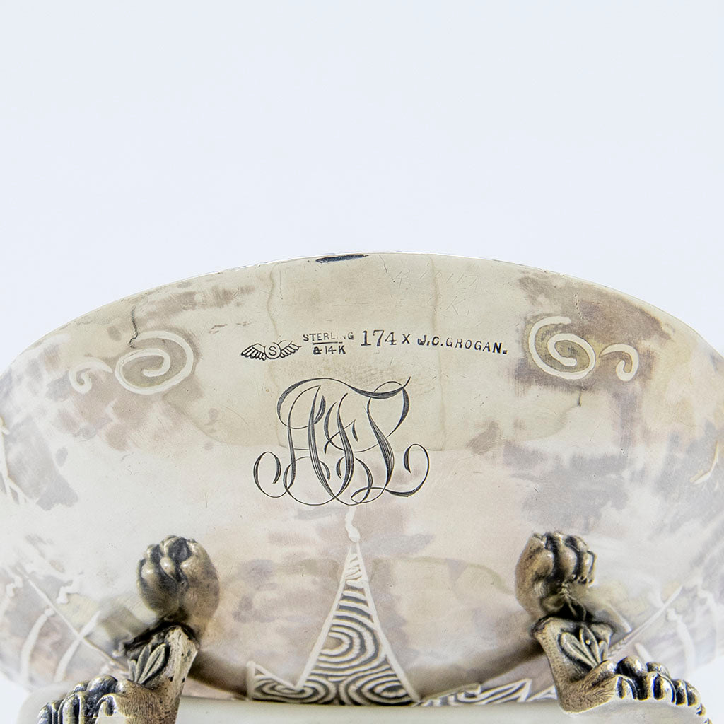 Marks and monogram on Shiebler Antique Sterling and 14k Gold Medallion Bonbon Dish, NY, c. 1880s