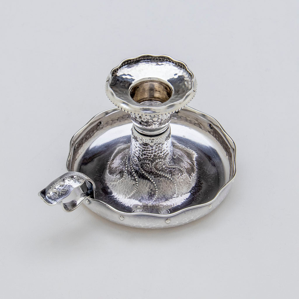 Top view od Whiting Antique Sterling Silver &#39;Pearling&#39; Chamber Stick design attributed to Charles Osborne, New York, c. 1883
