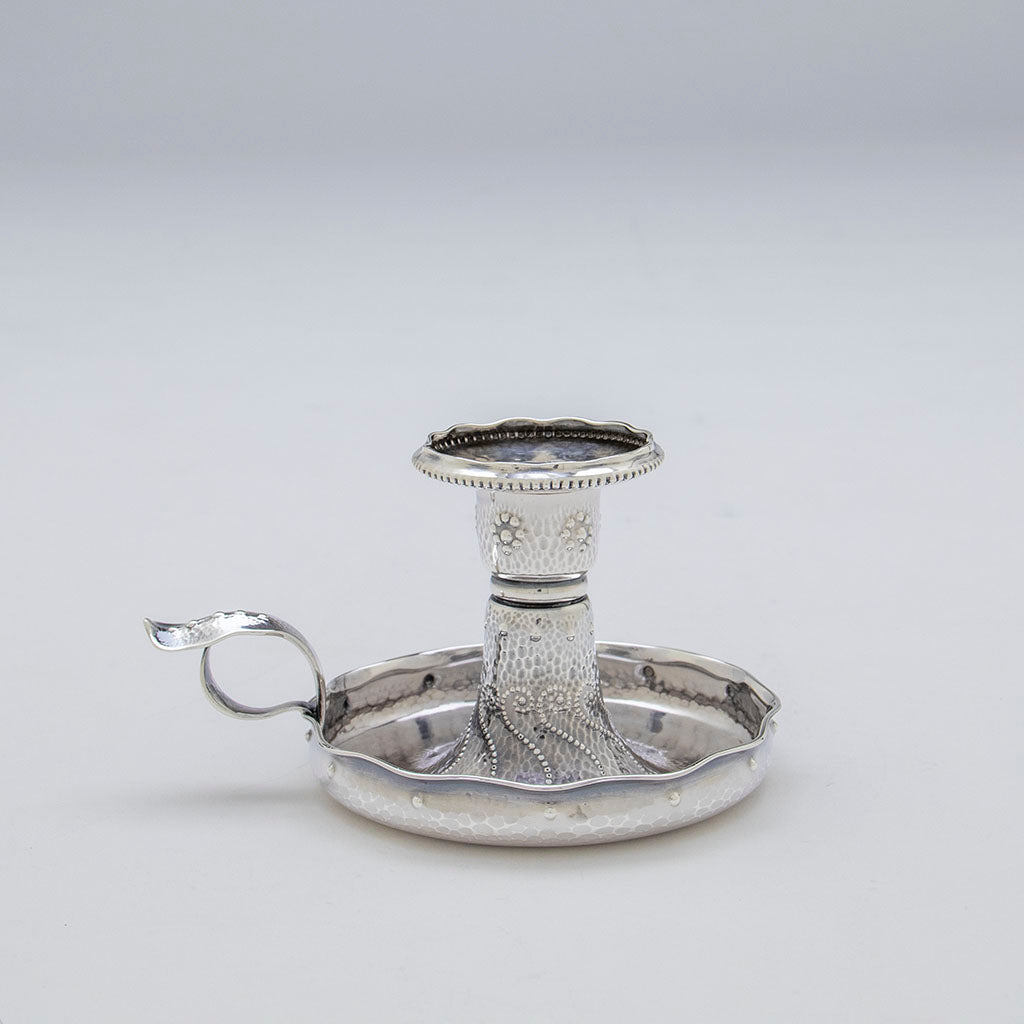 Side of Whiting Antique Sterling Silver &#39;Pearling&#39; Chamber Stick design attributed to Charles Osborne, New York, c. 1883