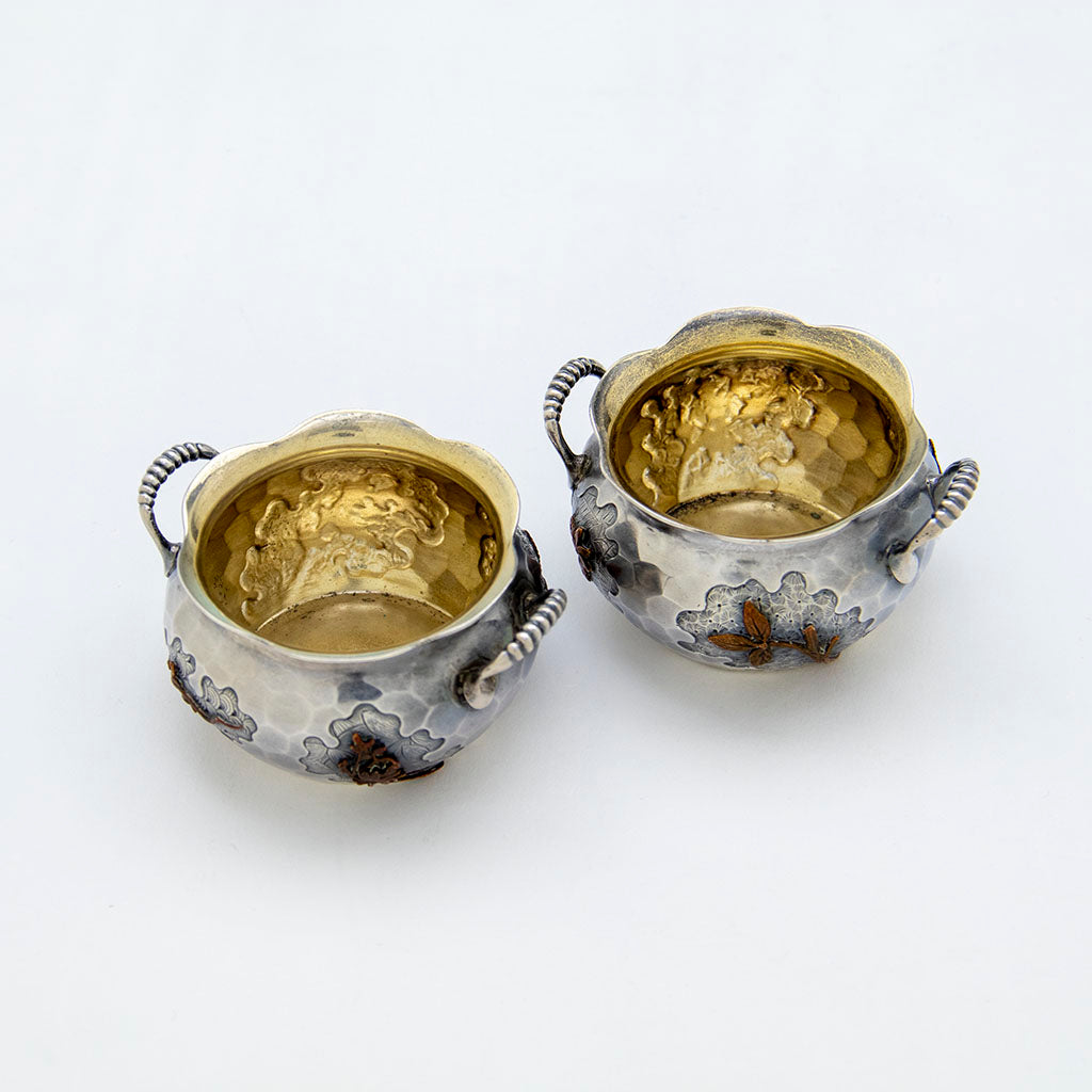 Interiors of Pr Dominick &amp; Haff Antique Sterling and Mixed Metals Salt Set, NYC. NY, 1880