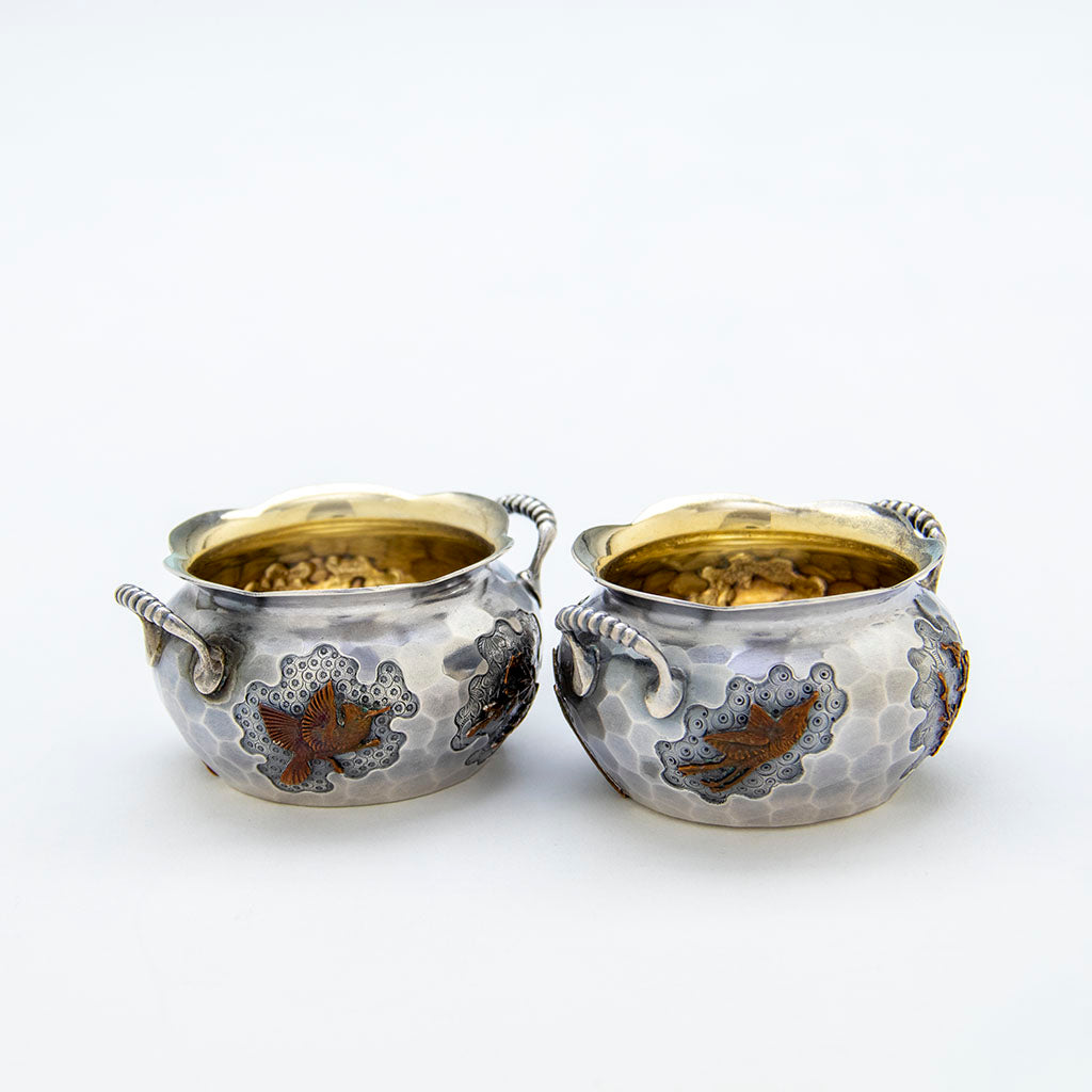 Birds on Pr Dominick &amp; Haff Antique Sterling and Mixed Metals Salt Set, NYC. NY, 1880