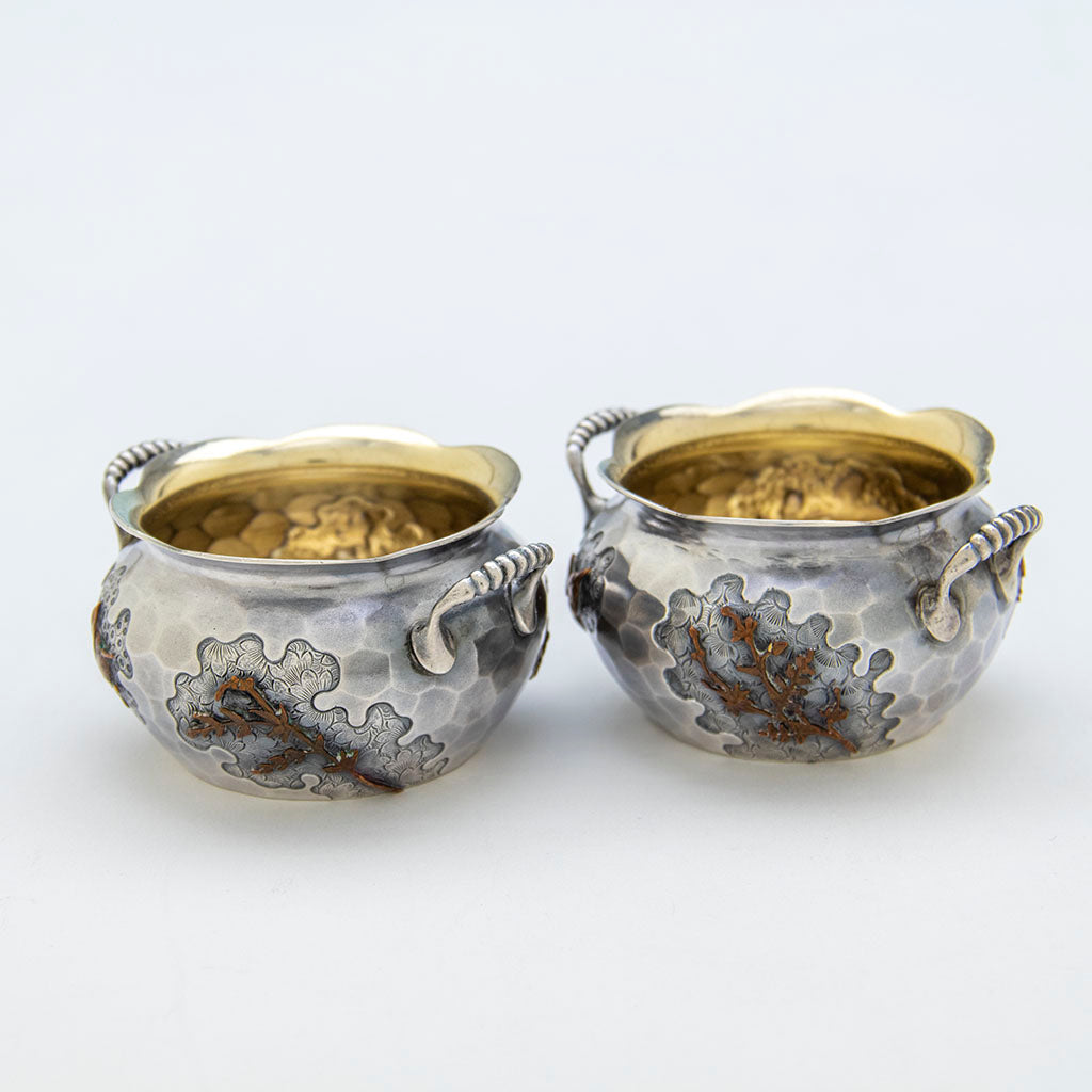 Branches on Pr Dominick &amp; Haff Antique Sterling and Mixed Metals Salt Set, NYC. NY, 1880