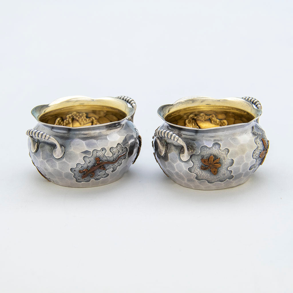 Salamander and butterfly on Pr Dominick &amp; Haff Antique Sterling and Mixed Metals Salt Set, NYC. NY, 1880