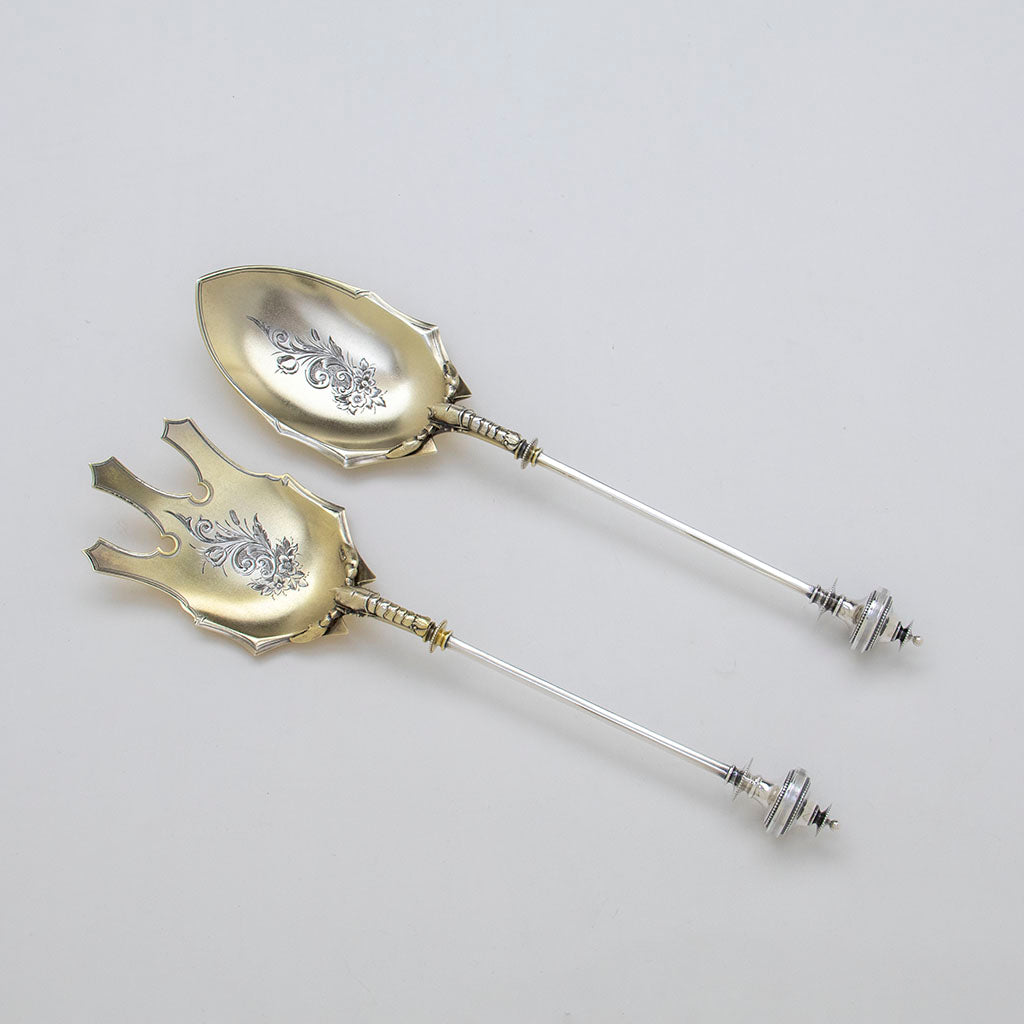 Alonzo Hebbard(attr) Antique Sterling Silver Figural Lobster Salad Servers, NYC, NY, c. 1870