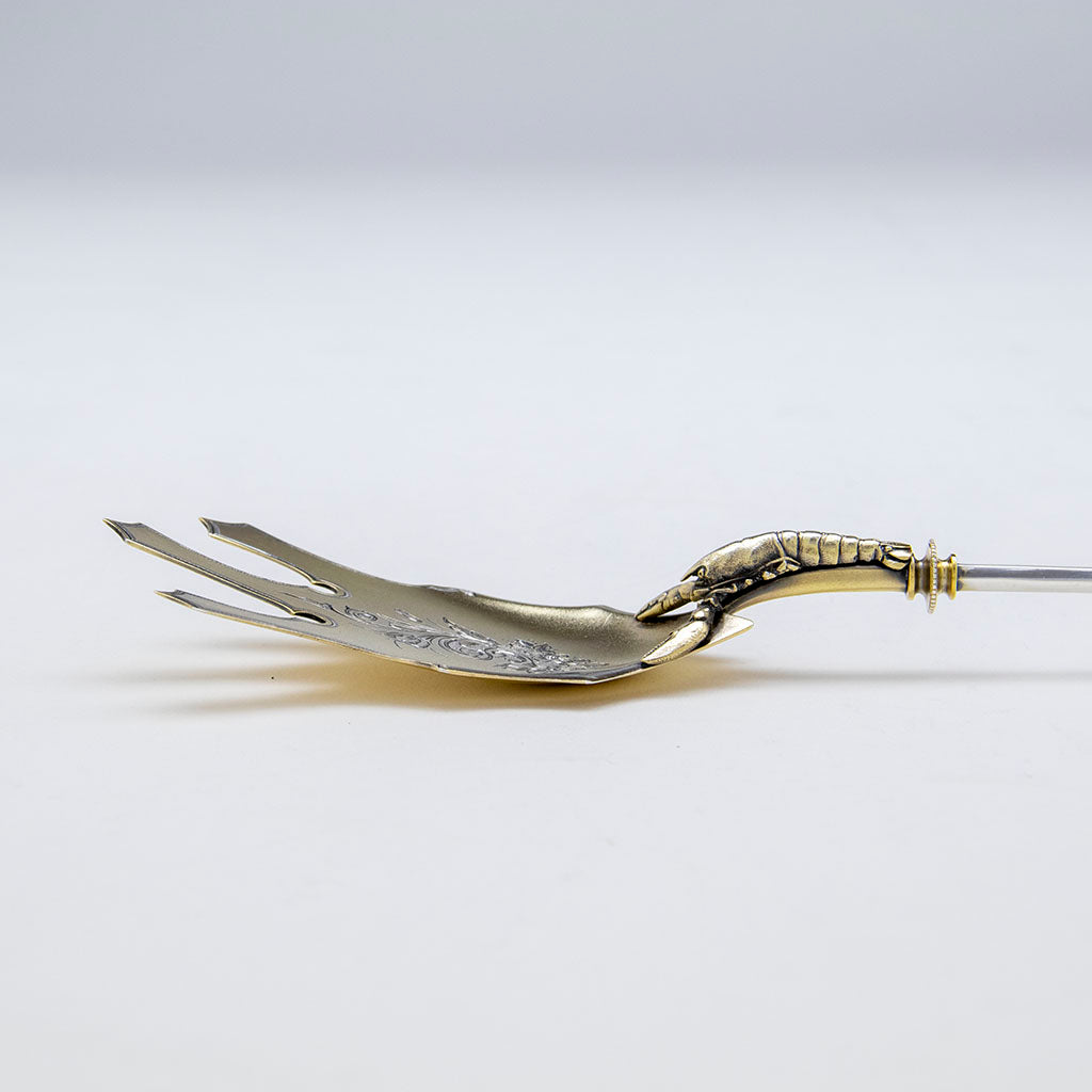 Profile detail of Whiting (attr) Antique Sterling Silver Figural Lobster Salad Servers, NYC, NY, c. 1870
