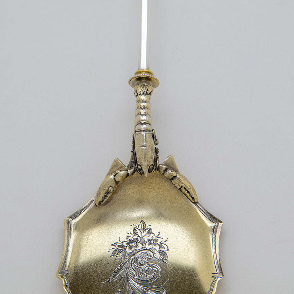 Top detail of Whiting (attr)  Antique Sterling Silver Figural Lobster Salad Servers, NYC, NY, c. 1870