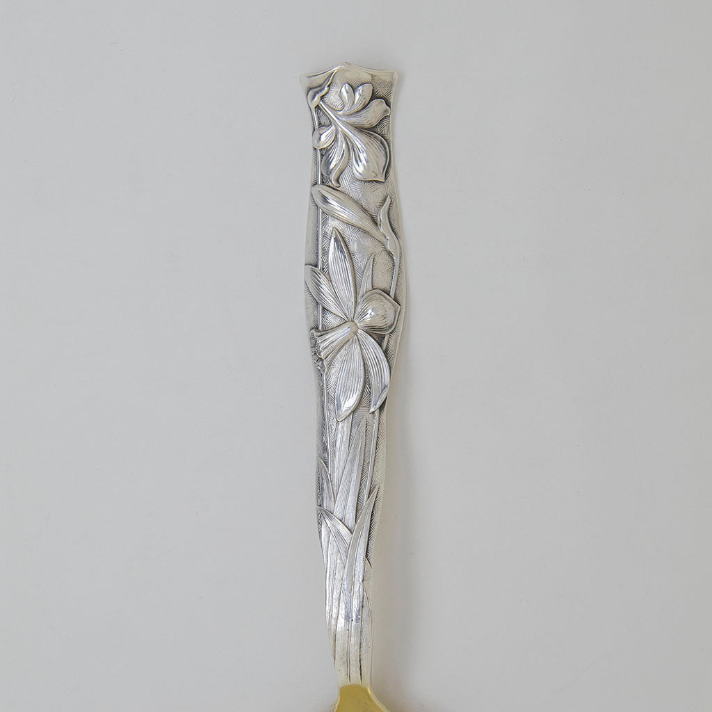 Handle detail of Shiebler &#39;Narcissus&#39; Pattern Antique Sterling Silver Berry Spoon, NYC, c. 1890