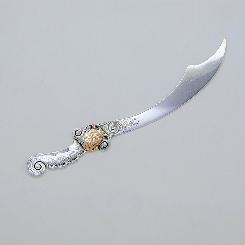 George Shiebler Aesthetic Antique Sterling Silver and 14k Gold Paper Knife, NYC, NY, c. 1880s