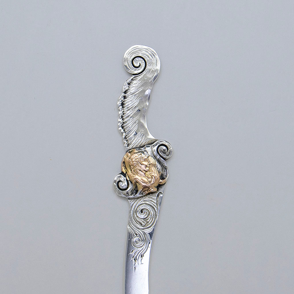 Detail of George Shiebler Aesthetic Antique Sterling Silver and 14k Gold Paper Knife, NYC, NY, c. 1880s