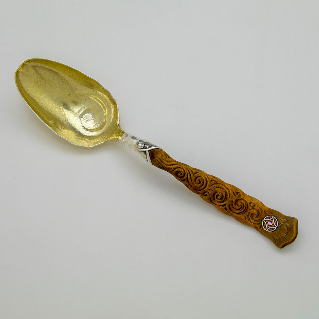 Whiting Antique Sterling Silver, Copper & Wood Serving Spoon, NYC, NY, c. 1870s