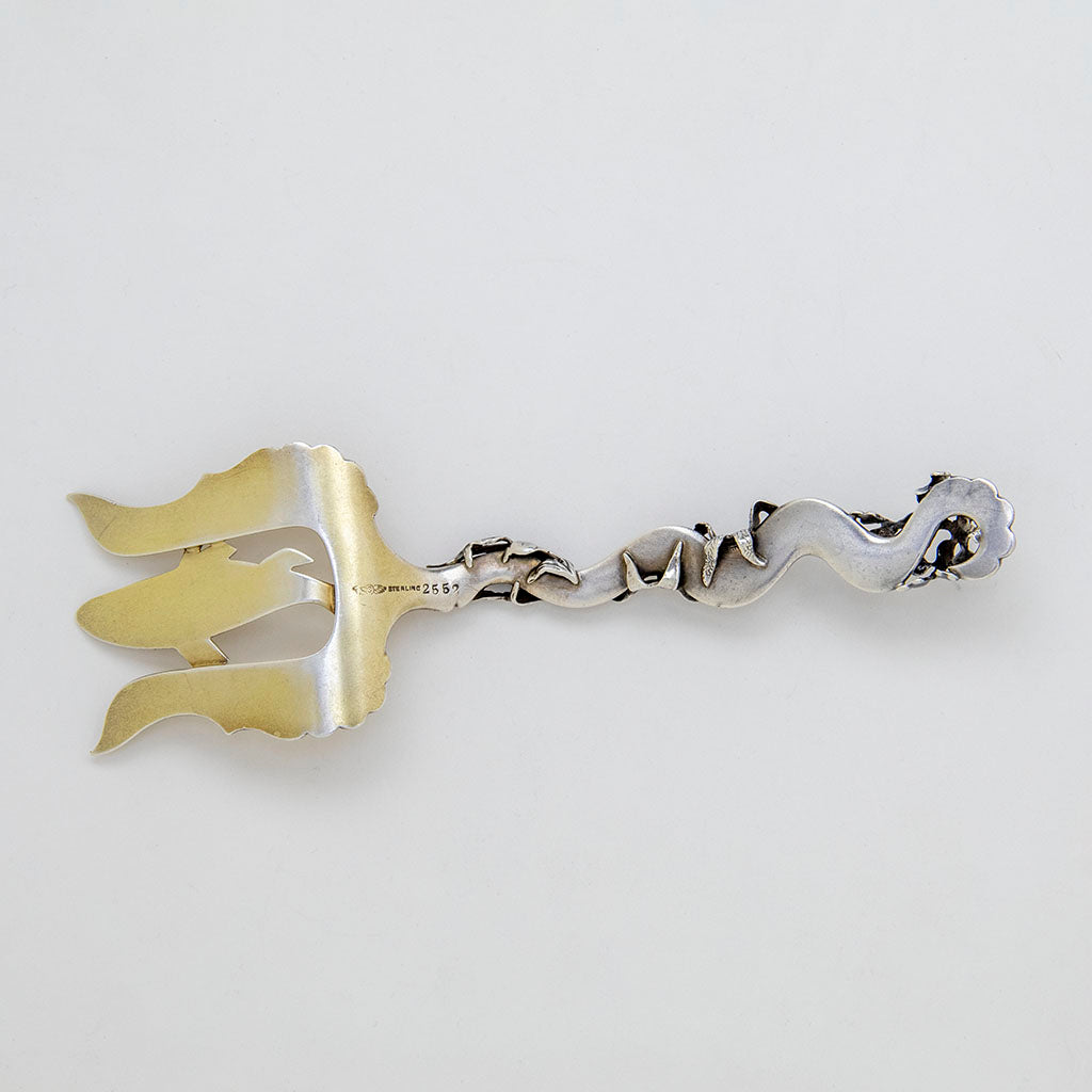 Back of Shiebler Antique Sterling Silver Nautical Sardine Serving Fork, NYC, NY, c. 1880s