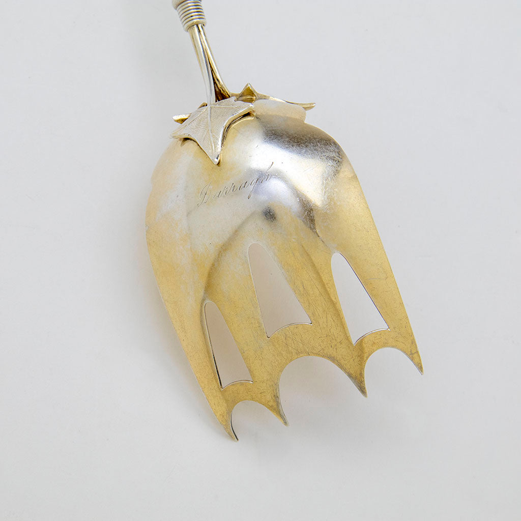 Monogram on Gorham Antique Coin Silver &#39;Sphinx&#39; Pattern Serving Fork, Providence, RI, c. 1867