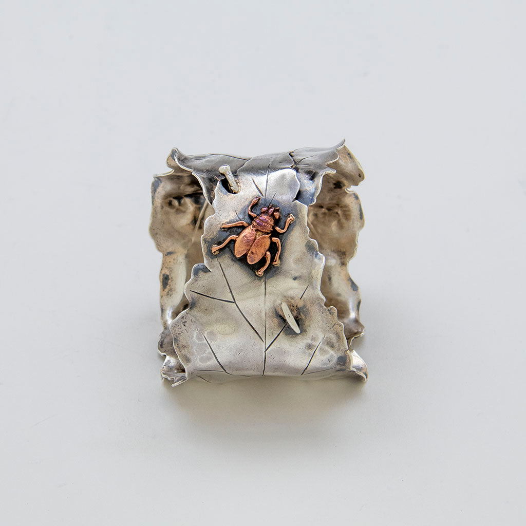 Copper Beetle on George Shiebler Aesthetic Antique Sterling &amp; Mixed Metal Napkin Ring, NYC, NY, c. 1880s