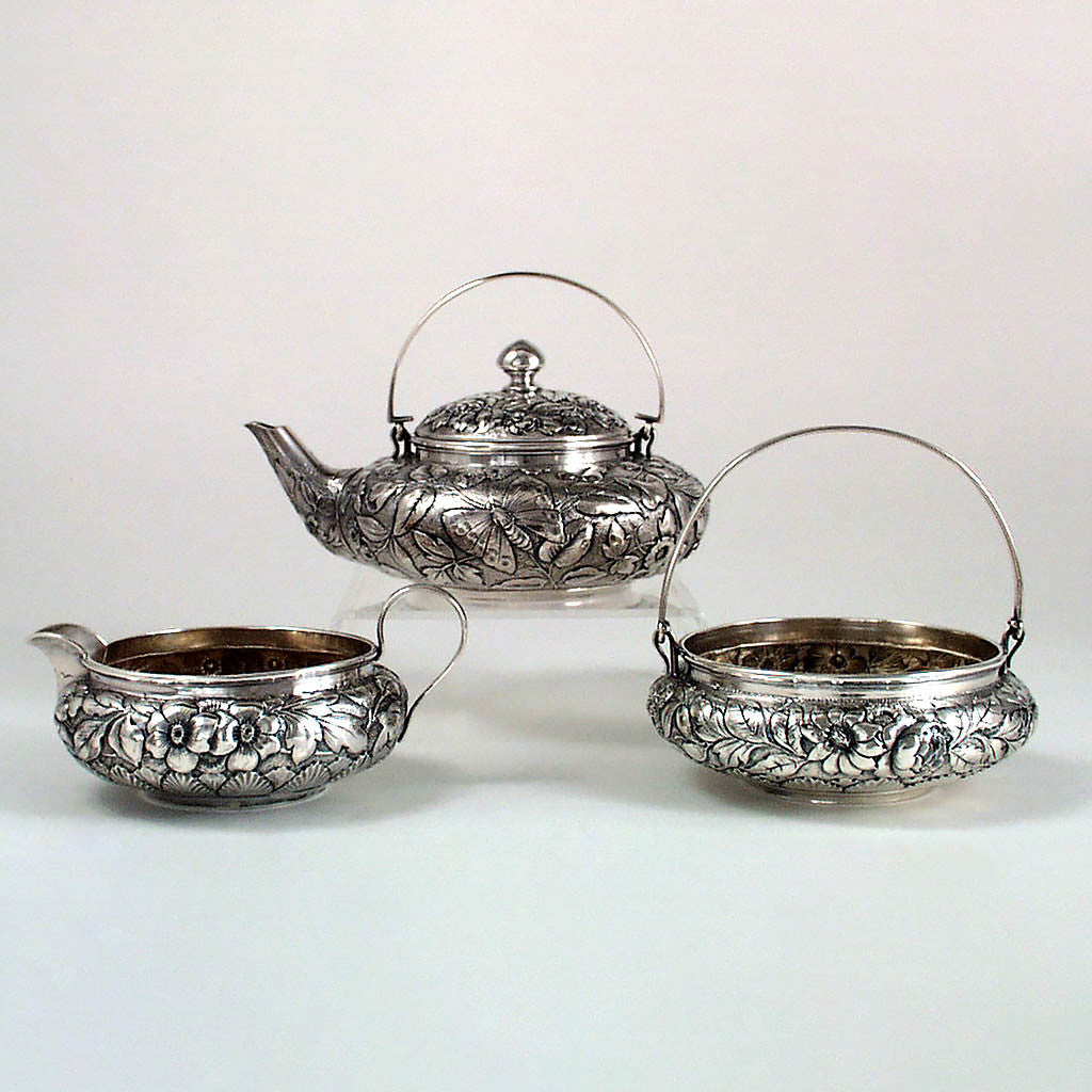 Whiting Sterling 3 pc. Tete-a-tete Tea Service in the Japanese Taste, c. 1882