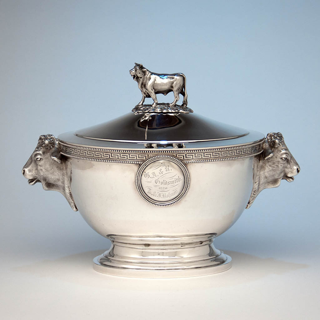 Reverse side of John Wendt (attr.) Antique Sterling Silver Figural Medallion Tureen, retailed by Ball, Black &amp; Co, New York City, c. 1865