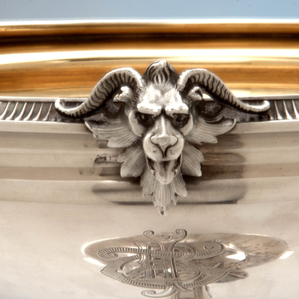 Bowl appliques of Gorham Antique Coin Silver Egyptian Revival Figural Centerpiece Bowl, Providence, RI, c. 1867