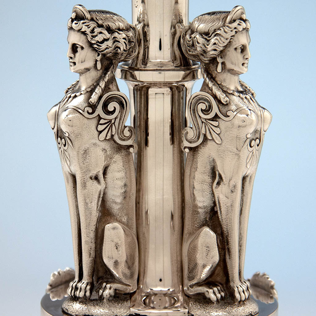 Base detail of Gorham Antique Coin Silver Egyptian Revival Figural Centerpiece Bowl, Providence, RI, c. 1867