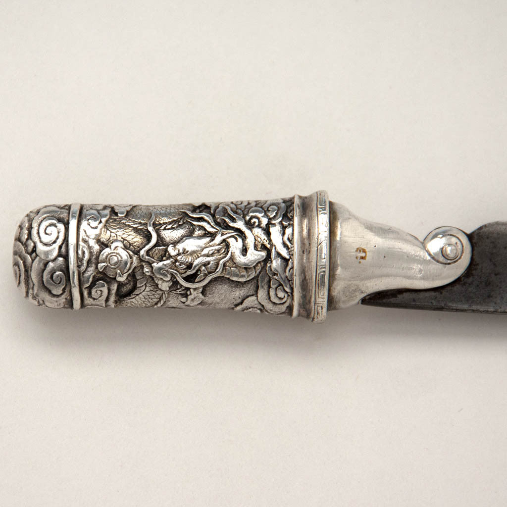 Handle to Gorham Aesthetic Movement Antique Sterling Silver and Steel Tanto - Letter Opener or Paper Knife, Providence, RI, c. 1875-80