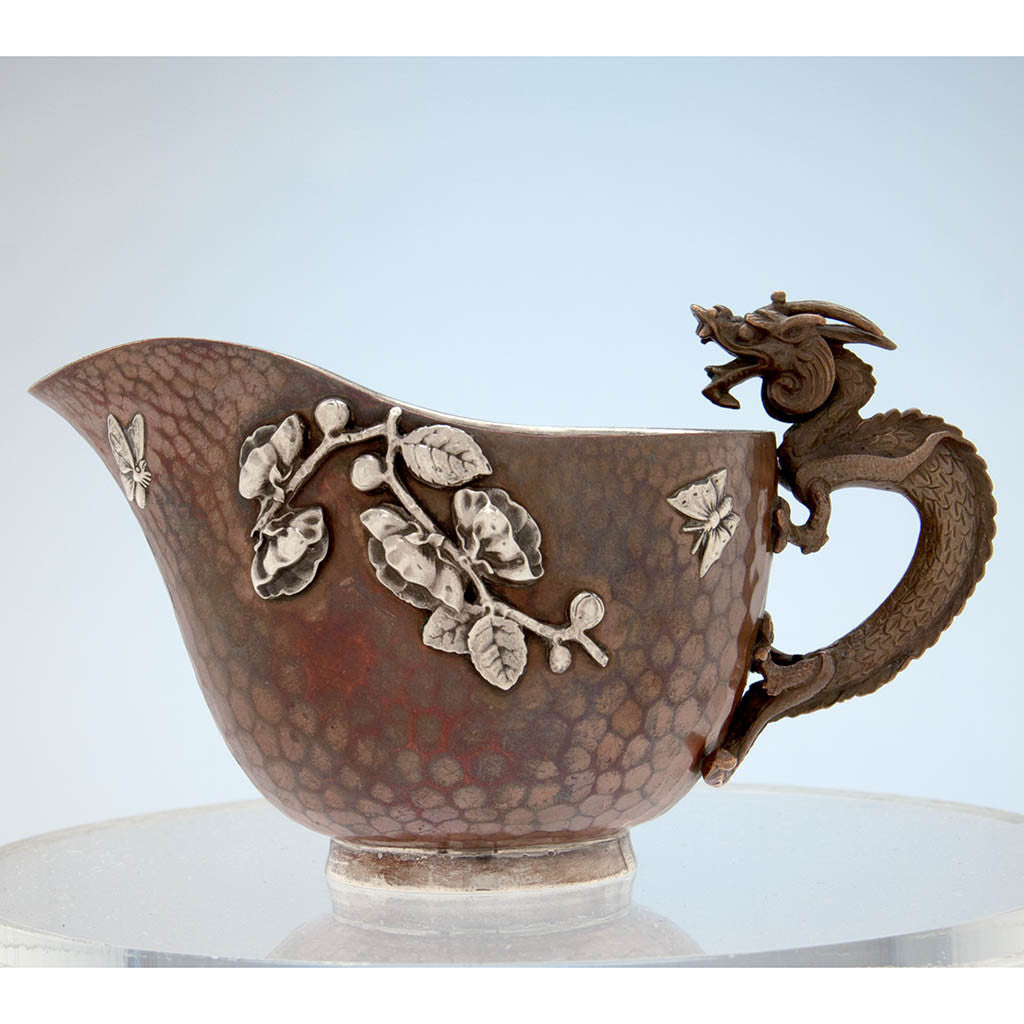 Creamer to Gorham Copper and Applied Silver Creamer and Sugar with Dragon Handles, Providence, RI, 1884