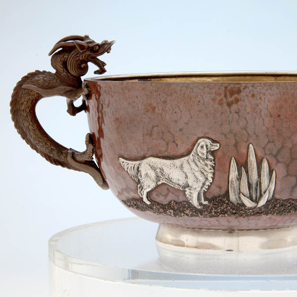 Golden Retriever on Gorham Copper and Applied Silver Creamer and Sugar with Dragon Handles, Providence, RI, 1884