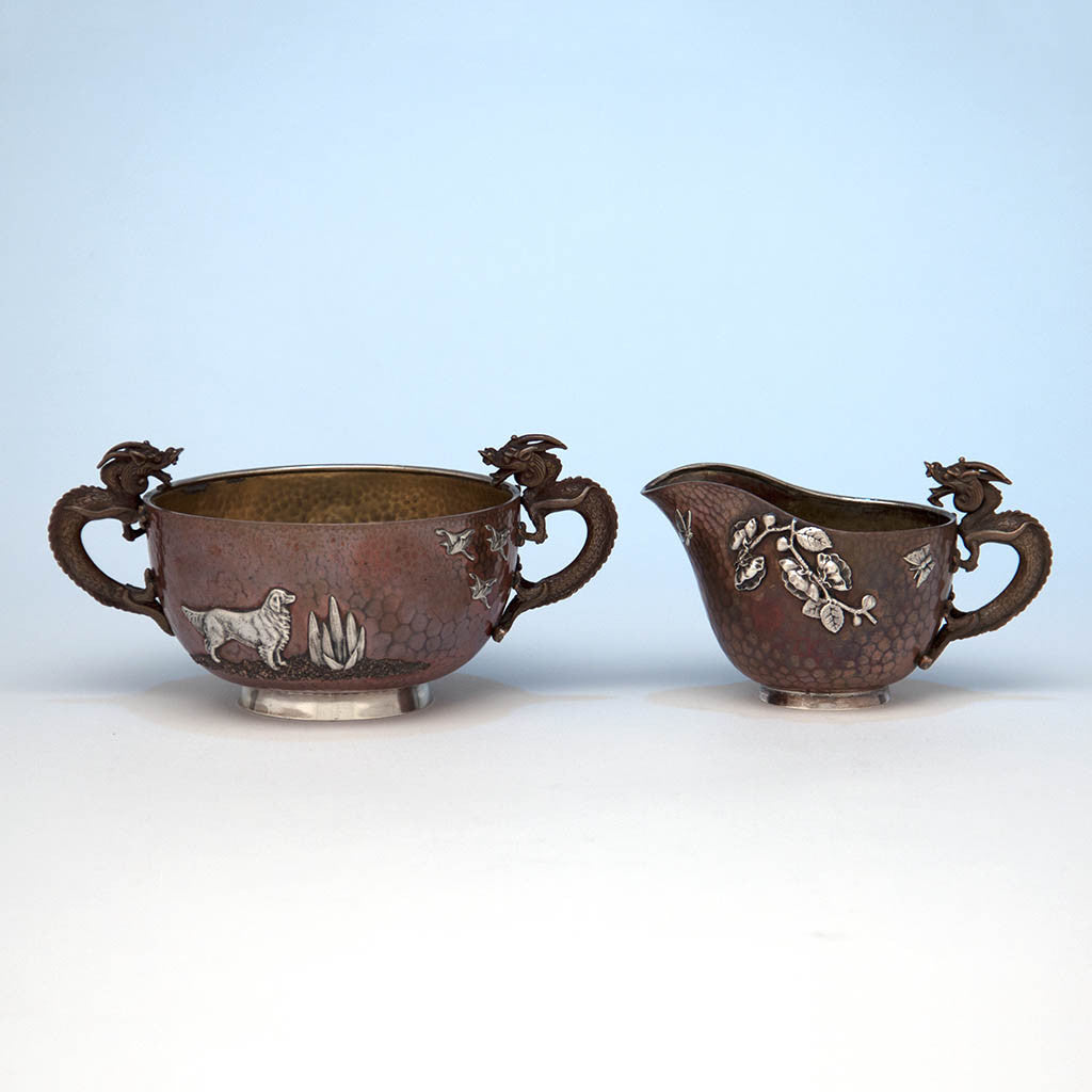 Gorham Copper and Applied Silver Creamer and Sugar with Dragon Handles, Providence, RI, 1884