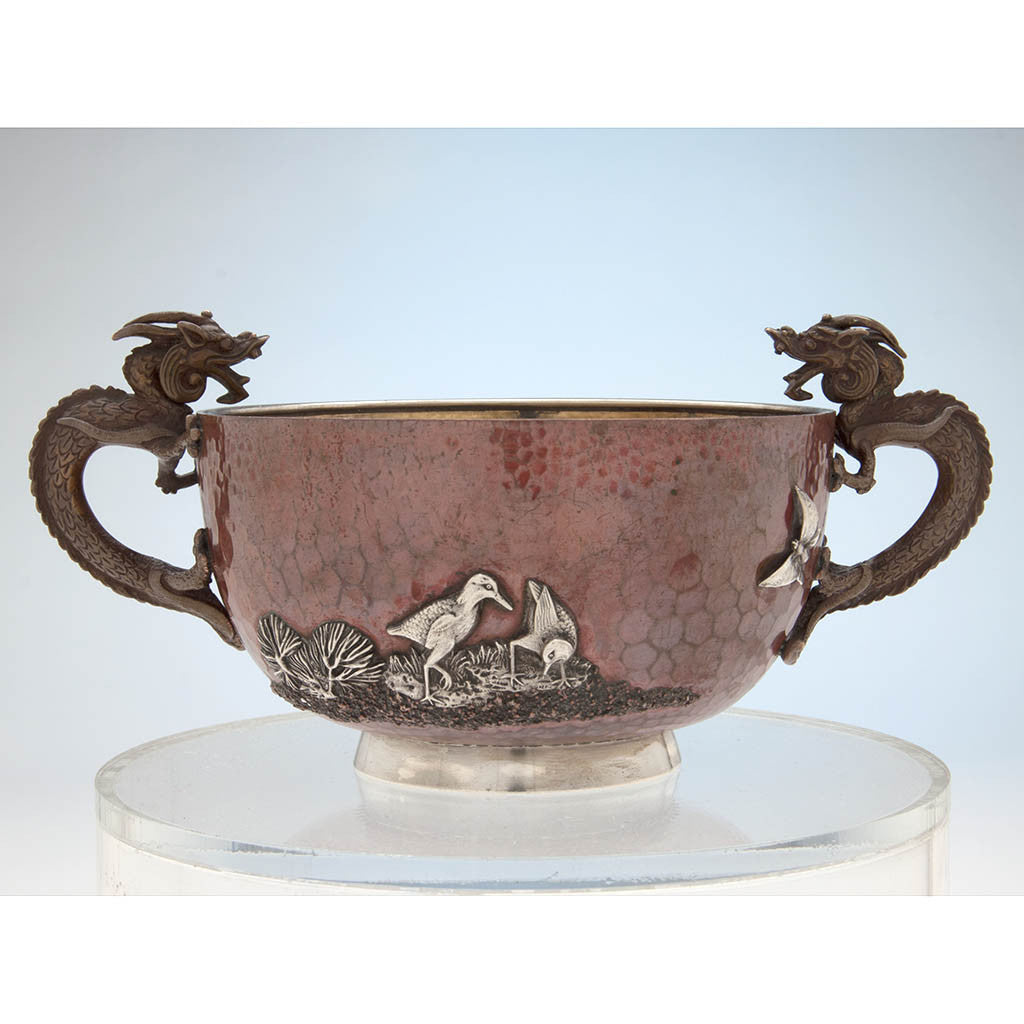 Reverse side of sugar bowl to Gorham Copper and Applied Silver Creamer and Sugar with Dragon Handles, Providence, RI, 1884