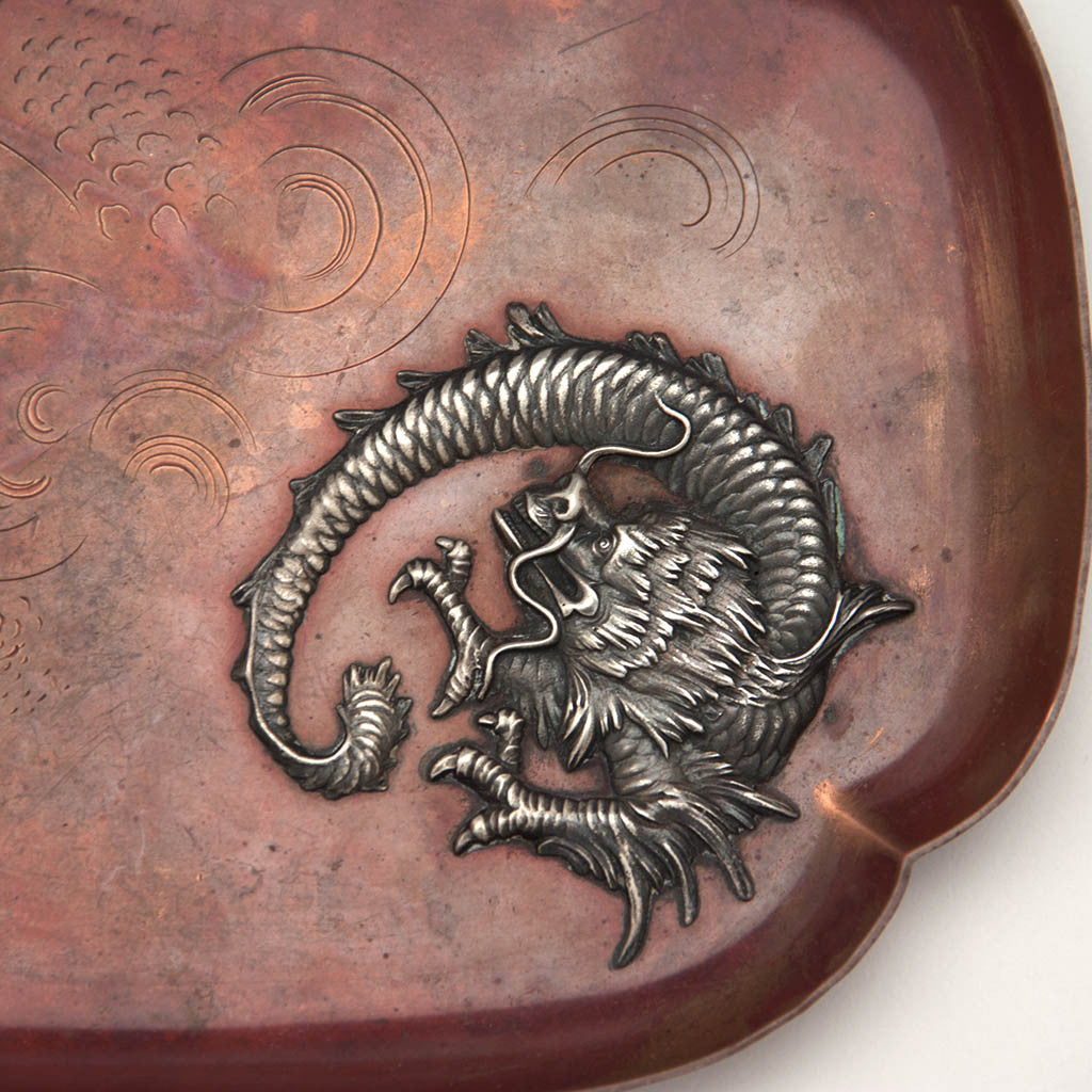 Applied silver on Gorham Antique Copper and Applied Silver Tray, Providence, RI, 1884