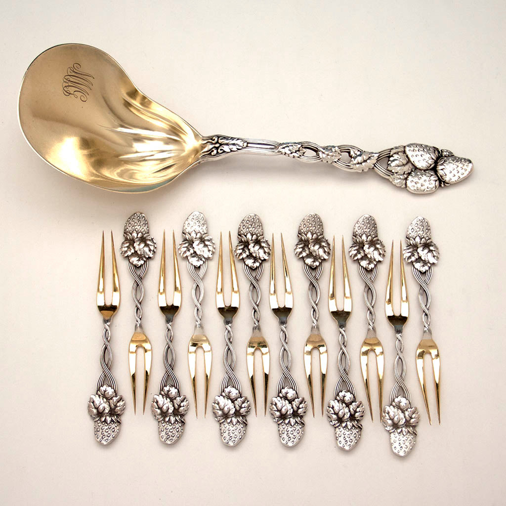 Tiffany & Co Antique Sterling Silver 'Strawberry' Pattern Berry Set, NYC, c. 1900