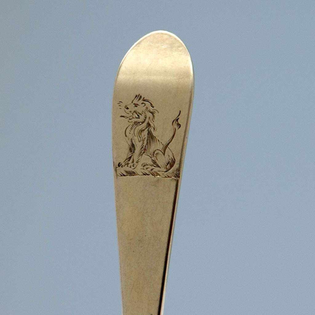 Engraved crest on John Power Irish Antique Sterling Silver Gilt &#39;Old English&#39; Pattern Dessert Spoons, set of 16, Dublin, 1787