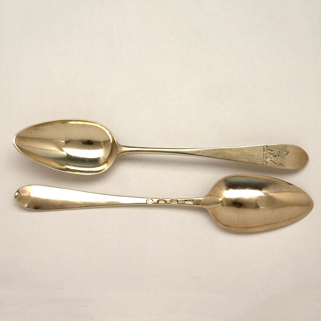 Front and back of John Power Irish Antique Sterling Silver Gilt &#39;Old English&#39; Pattern Dessert Spoons, set of 16, Dublin, 1787
