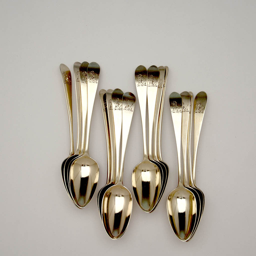 John Power Irish Antique Sterling Silver Gilt &#39;Old English&#39; Pattern Dessert Spoons, set of 16, Dublin, 1787