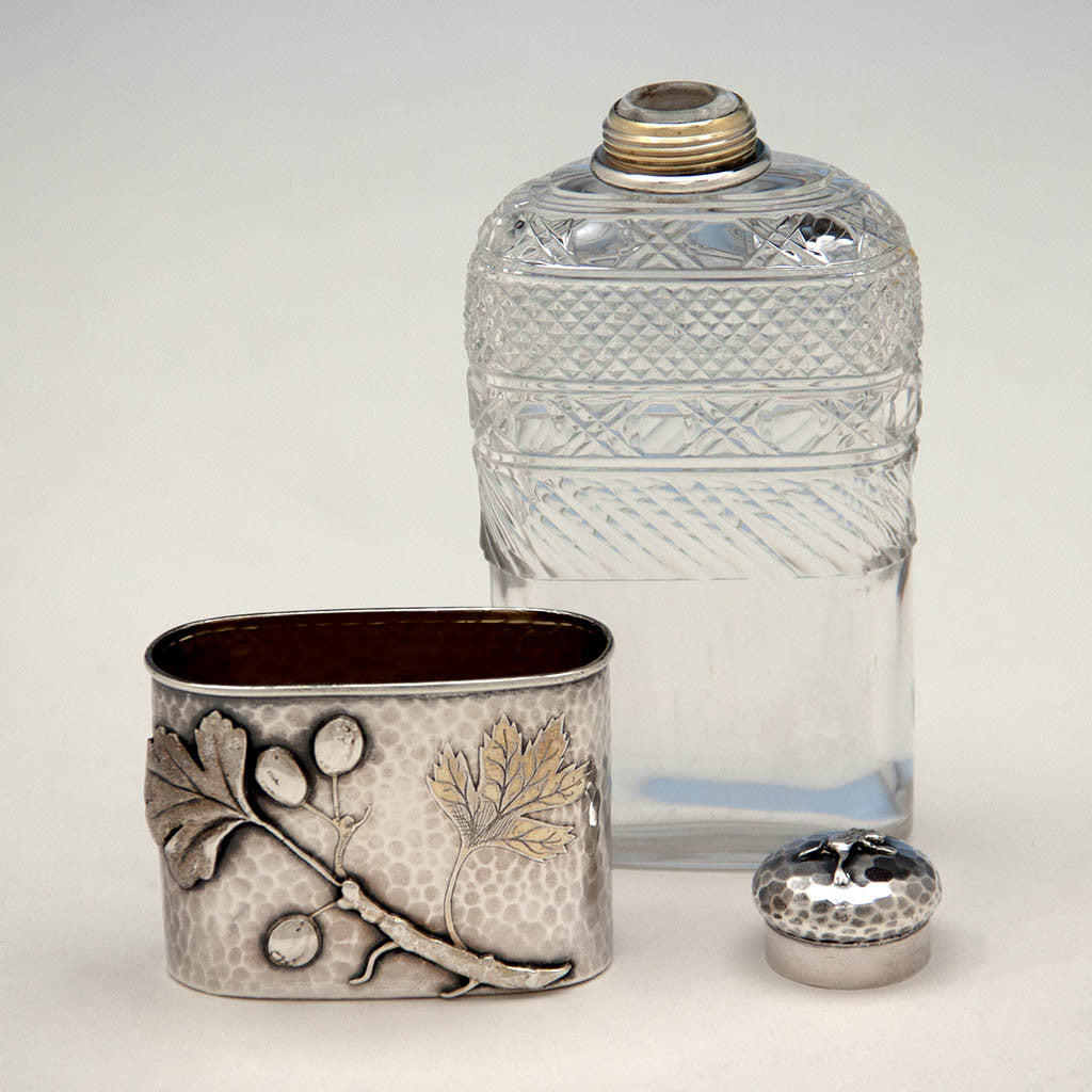 Parts of Tiffany &amp; Co Antique Aesthetic Movement Sterling Silver and Cut Glass Flask in the Japanese Taste, New York City, c. 1877
