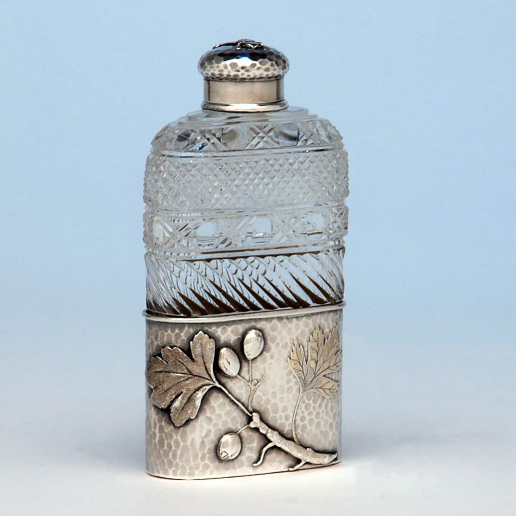 Tiffany & Co Antique Aesthetic Movement Sterling Silver and Cut Glass Flask in the Japanese Taste, New York City, c. 1877