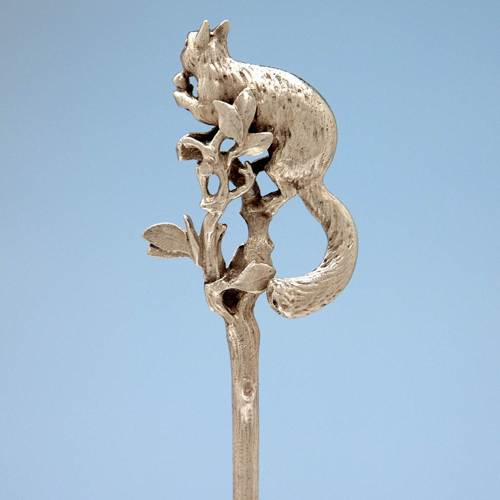 Back of Gorham Antique Sterling Silver Figural Squirrel Nut Picks, Providence, RI, set of 10, c. 1870