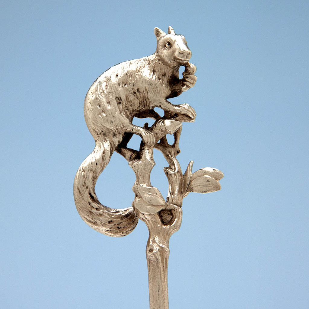 Closeup of Gorham Antique Sterling Silver Figural Squirrel Nut Picks, Providence, RI, set of 10, c. 1870