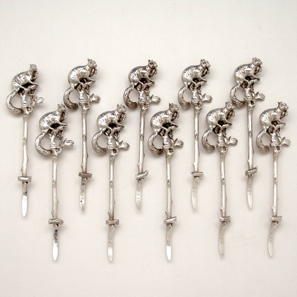 Gorham Antique Sterling Silver Figural Squirrel Nut Picks, Providence, RI, set of 10, c. 1870