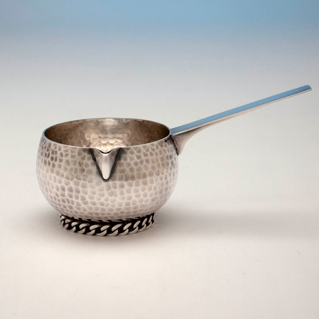 Front of Jean Després Mid-Century Modern Silver Plate Sauce Boat with Stand, Avallon, France, c. 1950&#39;s